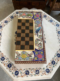 Khatam & Hand-Painted Lacquer Chess Board — Polychrome Peacock & Floral Border, Board Only
