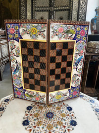 Khatam & Hand-Painted Lacquer Chess Board — Polychrome Peacock & Floral Border, Board Only