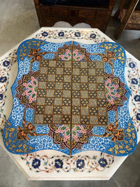 Khatam & Hand-Painted Lacquer Chess Board — Cobalt Blue Floral Border with Shaped Edge, Board Only