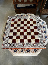 Wood & Mother of Pearl Chess Board — Burgundy & Crushed Shell Playing Field with Geometric Border, Board Only