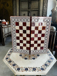 Wood & Mother of Pearl Chess Board — Burgundy & Crushed Shell Playing Field with Geometric Border, Board Only