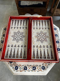 Wood & Mother of Pearl Chess Board — Burgundy & Crushed Shell Playing Field with Geometric Border, Board Only