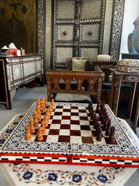 Wood & Mother of Pearl Chess Board — Burgundy & Crushed Shell Playing Field with Geometric Border, Board Only