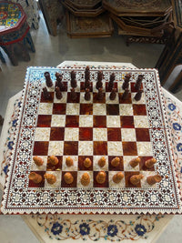 Wood & Mother of Pearl Chess Board — Burgundy & Crushed Shell Playing Field with Geometric Border, Board Only