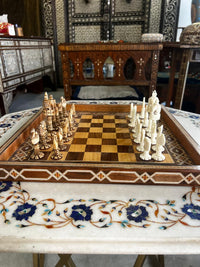 Wood Marquetry Chess Set — Two-Tone Playing Field with Hand-Carved Camel Bone Pieces, Full Set