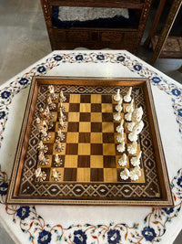 Wood Marquetry Chess Set — Two-Tone Playing Field with Hand-Carved Camel Bone Pieces, Full Set
