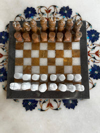 Full Marble Chess Set — White & Honey Marble Board with Hand-Carved Marble Pieces, Full Set