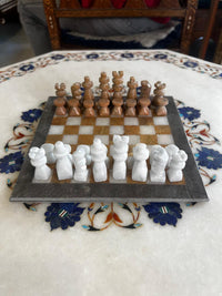 Full Marble Chess Set — White & Honey Marble Board with Hand-Carved Marble Pieces, Full Set