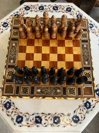 Wood Marquetry Chess Set — Star & Diamond Border with Hand-Carved Brown & Black Pieces, Full Set
