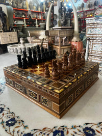 Wood Marquetry Chess Set — Star & Diamond Border with Hand-Carved Brown & Black Pieces, Full Set