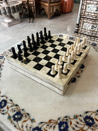 Camel Bone Chess Set — Ivory & Black Inlaid Board with Hand-Carved Bone Pieces, Full Set