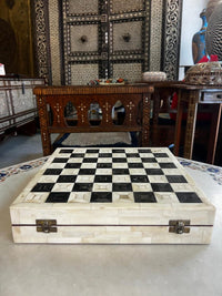 Camel Bone Chess Set — Ivory & Black Inlaid Board with Hand-Carved Bone Pieces, Full Set