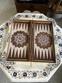 Khatam & Hand-Painted Lacquer Chess Board — Cobalt Blue Floral Border with Shaped Edge, Board Only