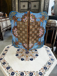 Khatam & Hand-Painted Lacquer Chess Board — Cobalt Blue Floral Border with Shaped Edge, Board Only