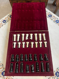 Camel Bone Chess Set — Ivory & Black Inlaid Board with Hand-Carved Bone Pieces, Full Set