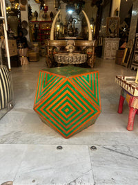 Wood & Green Resin Geometric Stool — Concentric Diamond