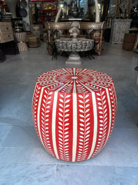 Camel Bone & Red Resin Drum Stool — Botanical Leaf Stripe