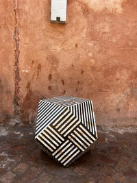 Mother of Pearl & Black Resin Geometric Stool — Linear Basketweave