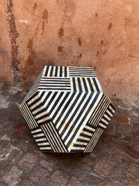 Mother of Pearl & Black Resin Geometric Stool — Linear Basketweave