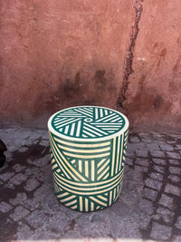 Camel Bone & Emerald Green Resin Drum Stool — Geometric Pinwheel