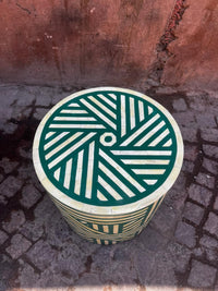 Camel Bone & Emerald Green Resin Drum Stool — Geometric Pinwheel