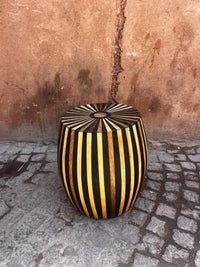 Smoked Wood & Black Resin Drum Stool — Radiating Sunburst