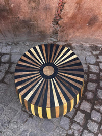 Smoked Wood & Black Resin Drum Stool — Radiating Sunburst