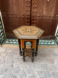 Camel Bone & Wood Hexagonal Side Table — Moorish Inlay with Hidden Storage