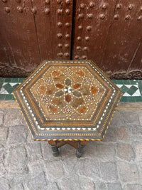 Camel Bone & Wood Hexagonal Side Table — Moorish Inlay with Hidden Storage