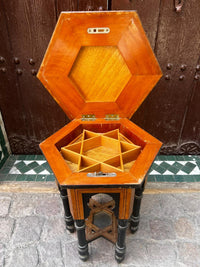 Camel Bone & Wood Hexagonal Side Table — Moorish Inlay with Hidden Storage