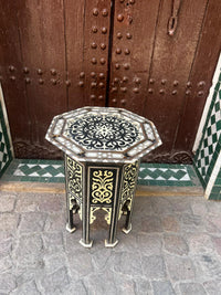 Mother of Pearl, Bone Inlay & Black Resin Octagonal Side Table — Arabesque & Gold Panel