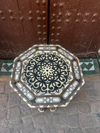 Mother of Pearl, Bone Inlay & Black Resin Octagonal Side Table — Arabesque & Gold Panel