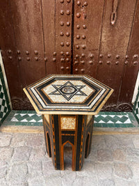 Mother of Pearl & Wood Hexagonal Side Table — Six-Pointed Star Mosaic