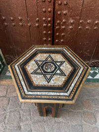 Mother of Pearl & Wood Hexagonal Side Table — Six-Pointed Star Mosaic