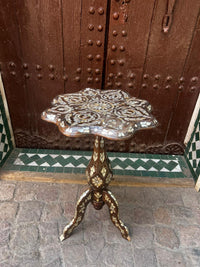 Mother of Pearl & Walnut Wood Pedestal Side Table — Scalloped Floral Inlay — Set of 2