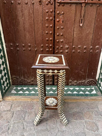 Mother of Pearl & Wood Pedestal Table — Chevron Stripe & Rosette Medallion