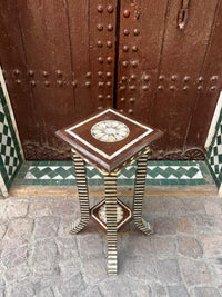 Mother of Pearl & Wood Pedestal Table — Chevron Stripe & Rosette Medallion