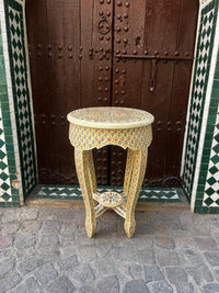 Camel Bone Round Side Table — Polychrome Floral Micro-Inlay