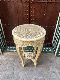Camel Bone Round Side Table — Polychrome Floral Micro-Inlay