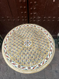 Camel Bone Round Side Table — Polychrome Floral Micro-Inlay