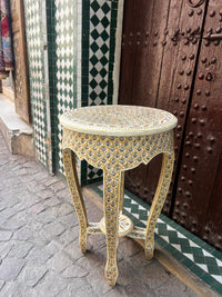 Camel Bone Round Side Table — Polychrome Floral Micro-Inlay