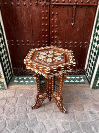 Mother of Pearl, Camel Bone & Resin Hexagonal Side Table — Floral Inlay with Pierced Lattice Apron — Set of 2