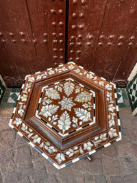 Mother of Pearl, Camel Bone & Resin Hexagonal Side Table — Floral Inlay with Pierced Lattice Apron — Set of 2