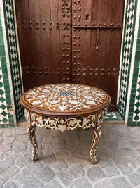 Mother of Pearl & Walnut Wood Round Coffee Table — Floral Arabesque Inlay