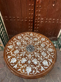 Mother of Pearl & Walnut Wood Round Coffee Table — Floral Arabesque Inlay