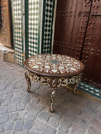 Mother of Pearl & Walnut Wood Round Coffee Table — Floral Arabesque Inlay