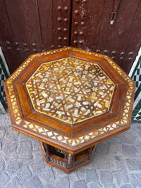 Walnut & Mother of Pearl Octagonal Side Table — Khatam Geometric Mosaic with Moorish Arch Apron