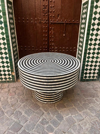 Mother of Pearl & Black Resin Round Table — Concentric Circle & Horizontal Stripe