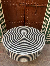Mother of Pearl & Black Resin Round Table — Concentric Circle & Horizontal Stripe