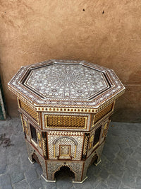 Mother of Pearl, Camel Bone & Carved Wood Octagonal Side Table — Grand Moorish Star Inlay